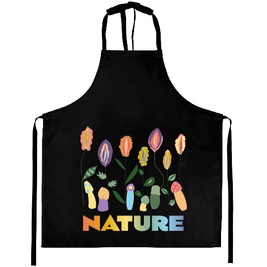 Flower Meadow with Mushrooms. Body Positivity. Aprons