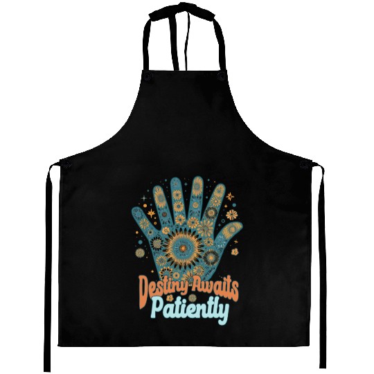 SAYING: Destiny awaits patiently, retro palm, sun Aprons