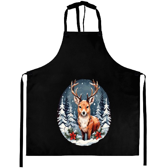 Christmas Deer with Poinsettia and Snow Aprons