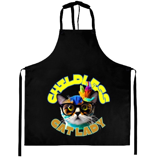 Colorful Cat with Glasses - Childless Cat Lady Aprons