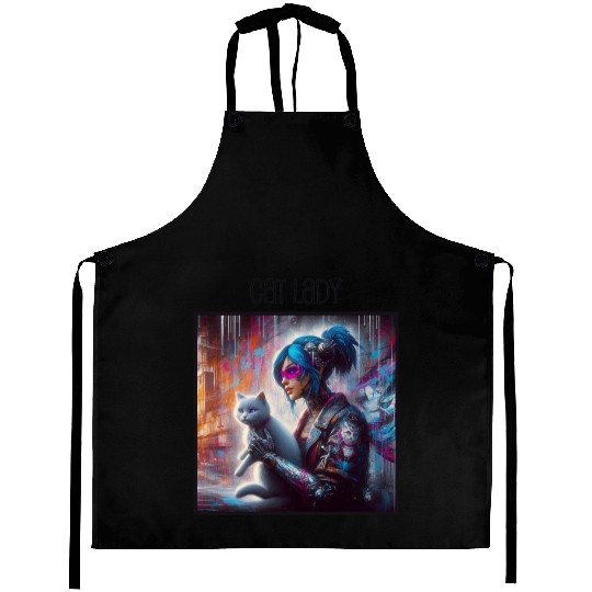 Cat Lady (Cyberpunk) Street Art v1 Aprons