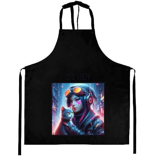 Cat Lady (Cyberpunk) Street Art v3 Aprons