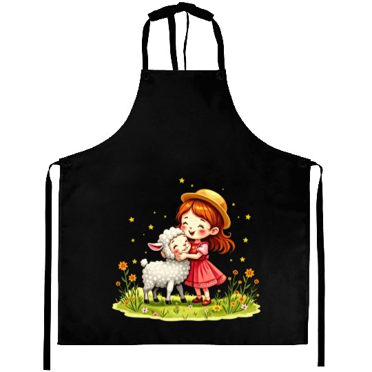 Girl Hugging a Cute Sheep Aprons