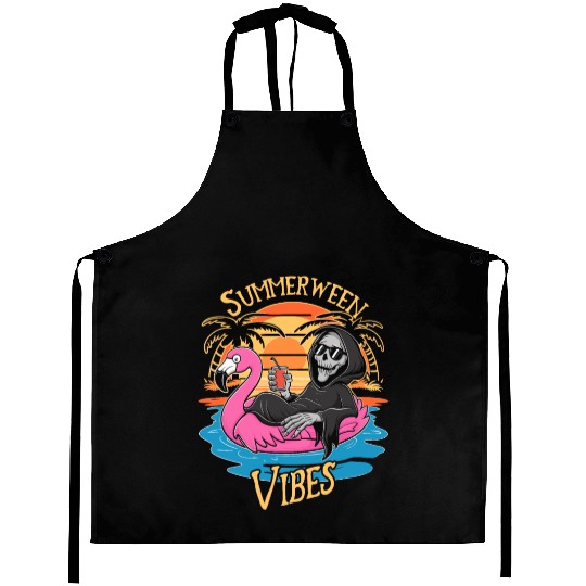 Summerween Vibes Skeleton Flamingo Spooky Aprons