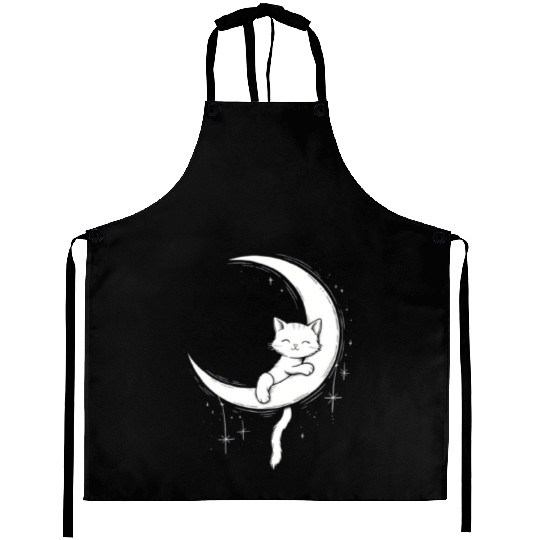 Whimsical Cat on Moon Silhouette Aprons