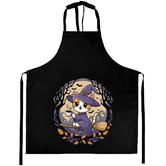 Halloween Witch Cat Brewing Spooky Fun Aprons