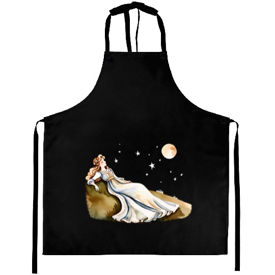 Watercolor Cottagecore Rolling Hills at Night Aprons