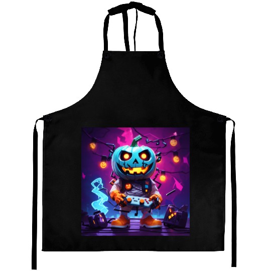 Pumpkin Gamer Halloween Neon Vibes Fun Design Aprons