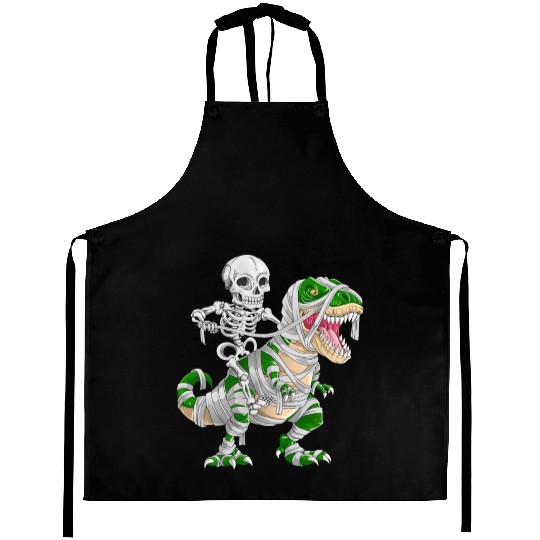 Skeleton Riding Mummy Dinosaur T rex Halloween Aprons