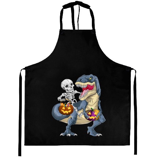 Skeleton Riding Dinosaur T rex Halloween Pumpkin Aprons