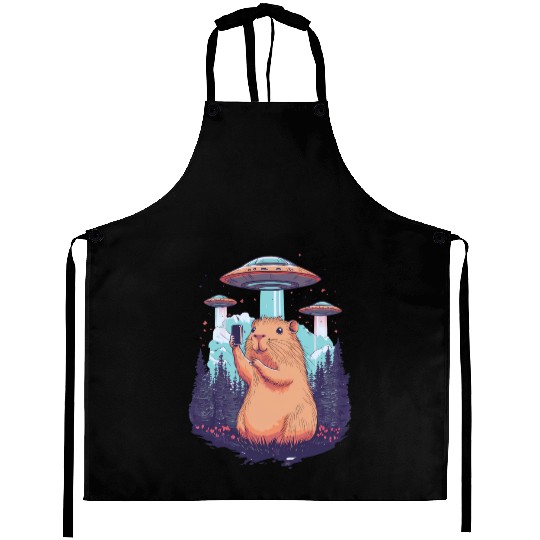 Funny Graphic Aprons Capybara Selfie With Ufos Weird