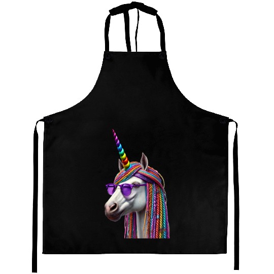 Rainbow Unicorn with Braids and Sunglasses Swag Aprons
