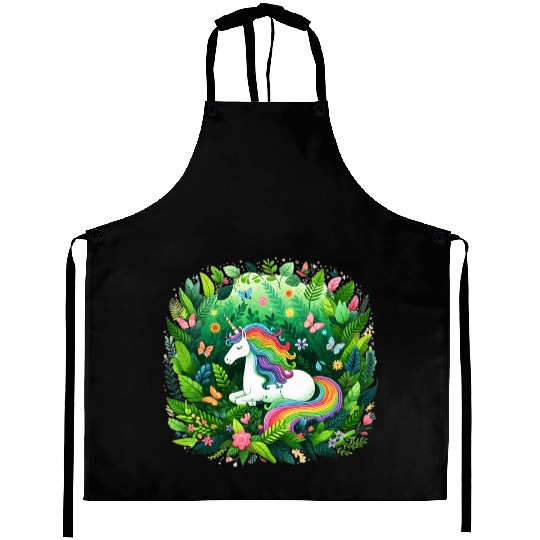 Unicorn, fantasy design, Unicorn in flower garden Aprons