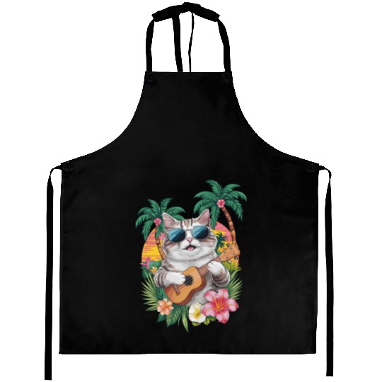 Cat Ukulele Sunglasses Tropical Vibes Aprons