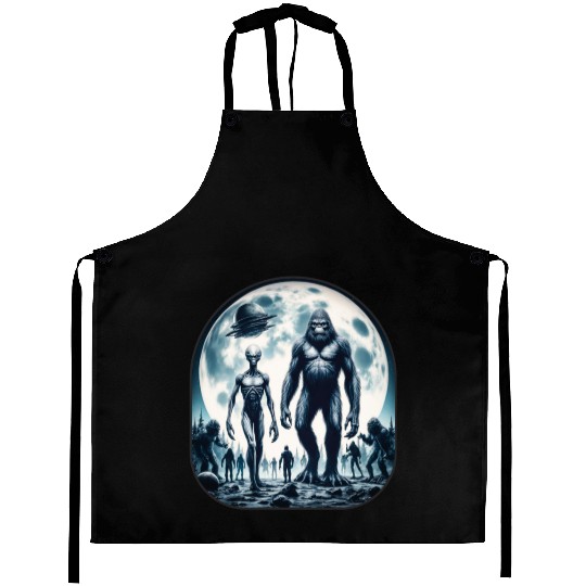 Alien And Bigfoot Sasquatch Moon Aprons