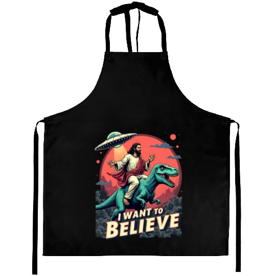 Jesus Riding a Dinosaur with UFO - I Want to Belie Aprons