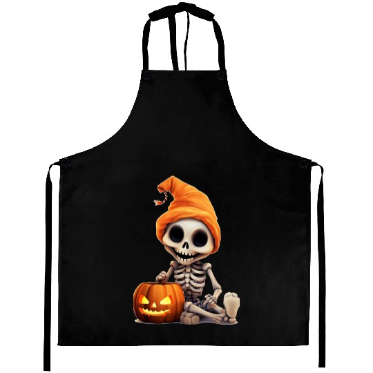 Skeleton celebrating Halloween Aprons