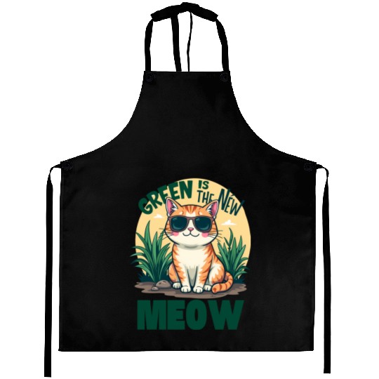 Cool Cat with Sunglasses Green Is the New Meow Aprons