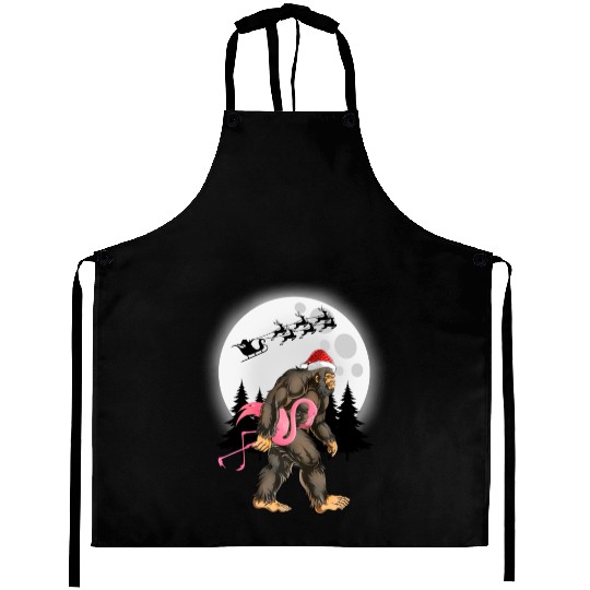 Bigfoot Carrying Flamingo Funny Sasquatch Aprons