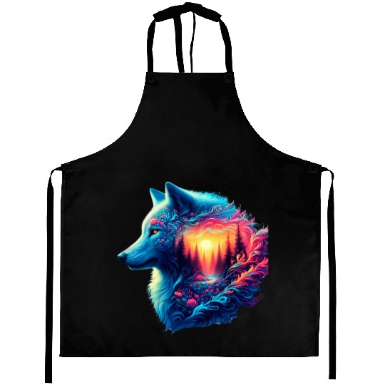 Colorful Wolf and Sunset Forest Aprons