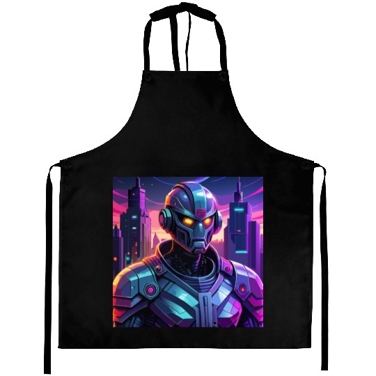 "Cyber Sentinel: Futuristic Robot in a Neon City" Aprons