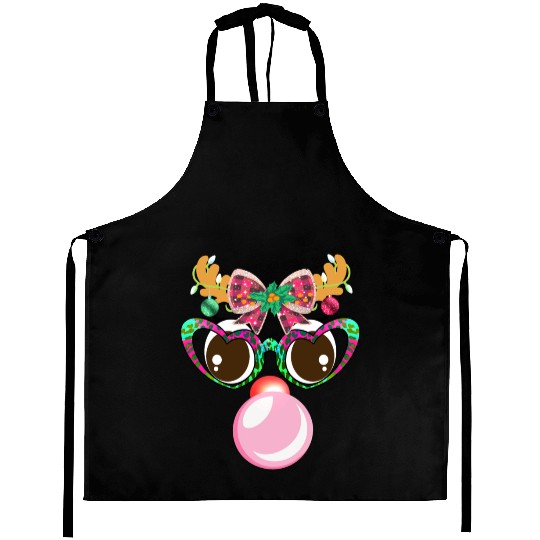 Reindeer face Blowing Bubble coquette bow Xmas Aprons