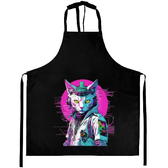 Neon Cyberpunk Warrior Cat Aprons
