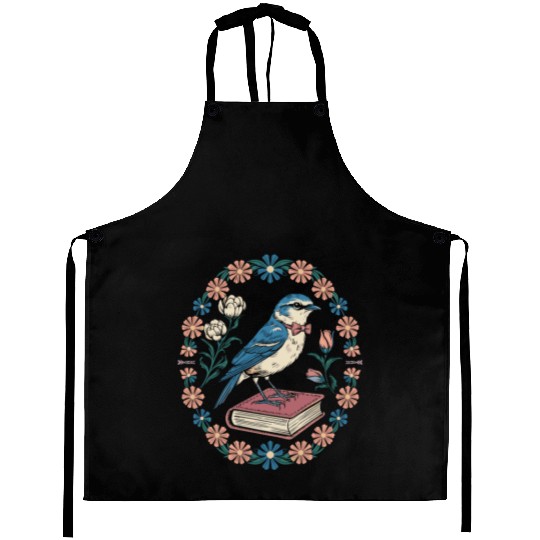 Cottagecore Bluebird on Book with Floral Frame Aprons