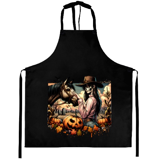 Haunting Cowgirl and Horse in Halloween Graveyard Aprons