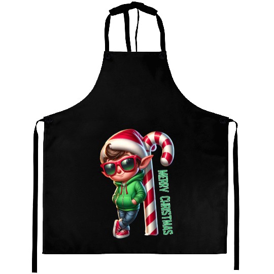 Merry Christmas Cool Elf with Candy Cane Vibes Aprons