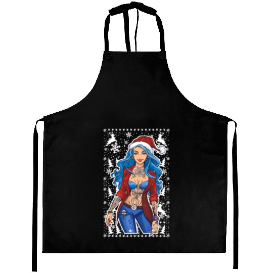 03 Sexy Christmas Woman Blue Hear Deer Tattoos Aprons