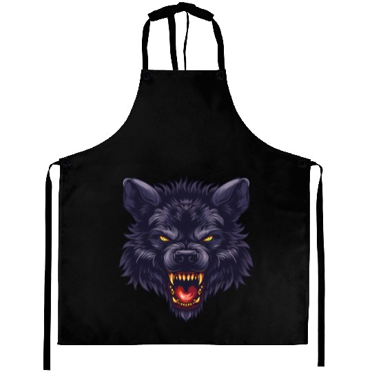 dark wolf face Aprons