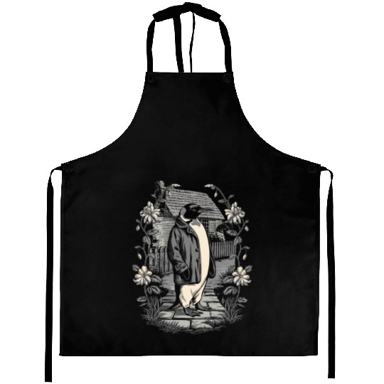Dark Cottagecore Penguin in Vintage Garden Aprons