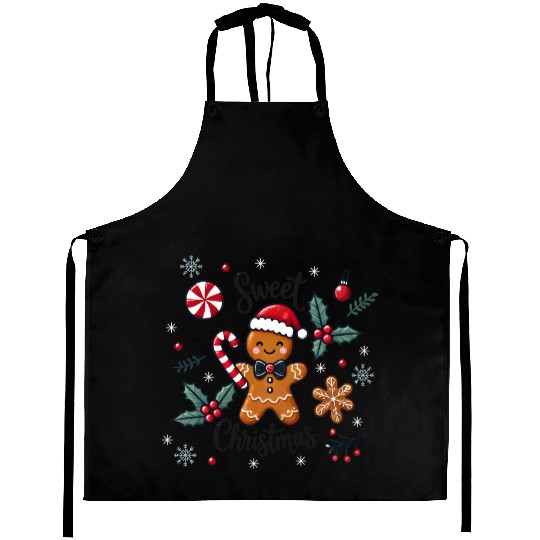 Happy gingerbread man with candy cane Aprons