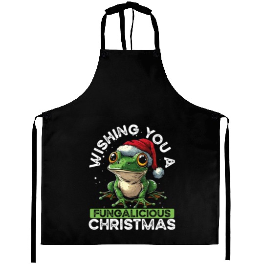 Merry Christmas Frog on Mushroom Cottagecore Aprons