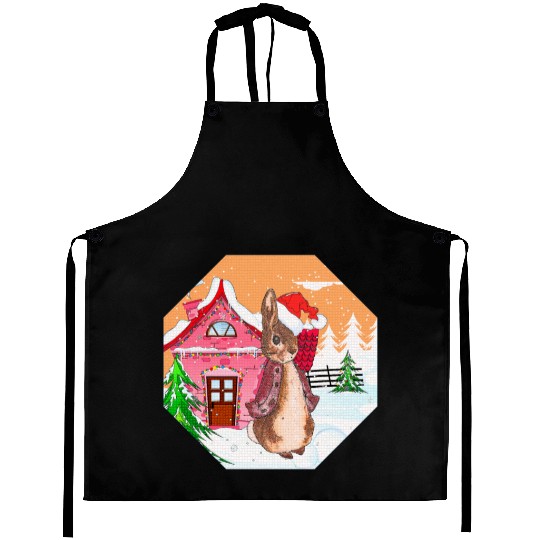 A rabbit walking on Christmas Day Aprons