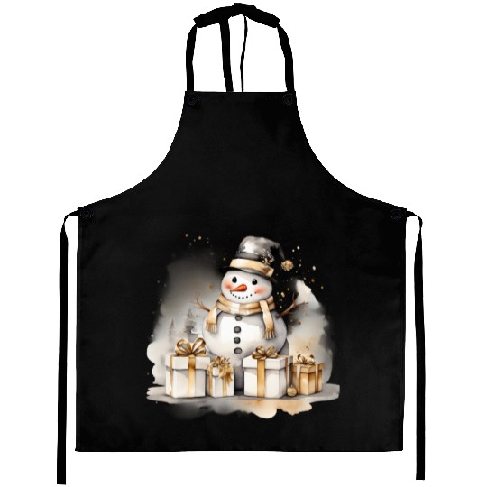 Black Gold Snowman, Merry Christmas Aprons