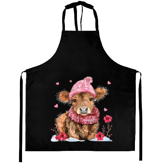 Cute Highland Cow Valentines Day Aprons