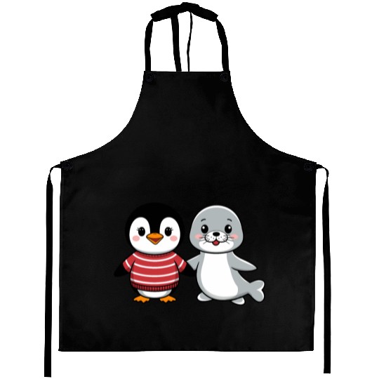 Penguin and Seal Friends holding hands Aprons