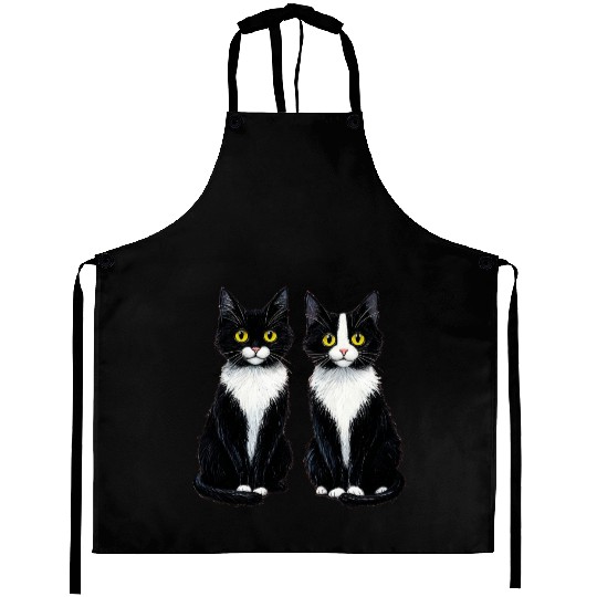 Elegant Black and White Cat Illustration Aprons