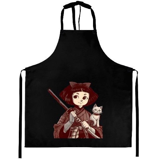 Chibi Samurai Warrior Cat Companion & Blossoms Aprons