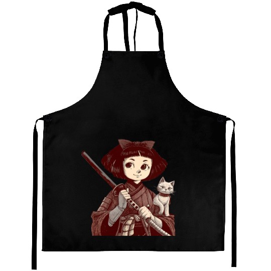 Chibi Samurai Warrior Cat Companion & Blossoms Aprons