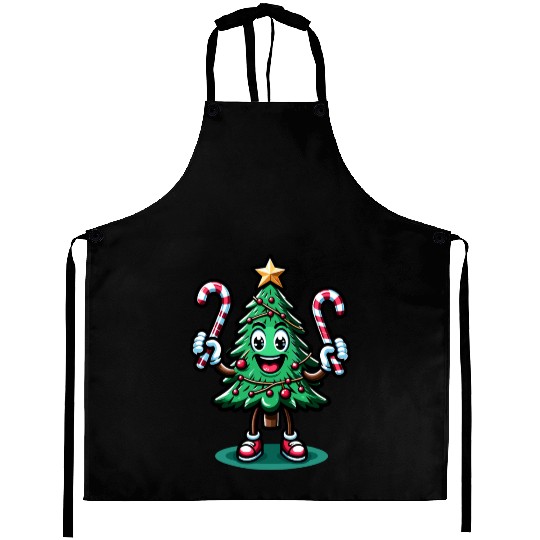 Happy Christmas Tree With Candy Canes Retro Aprons