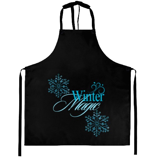 Winter Magic Text with Blue Snowflakes Design" Aprons