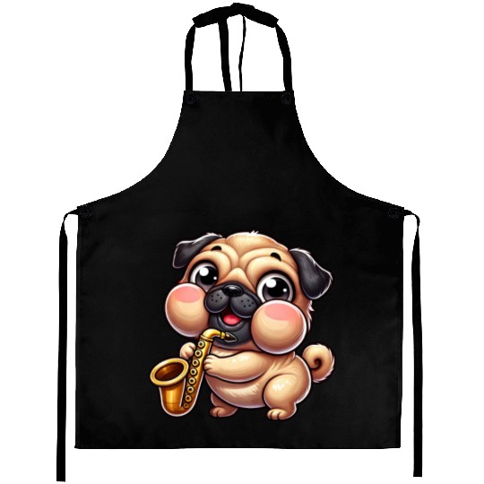 Cute Pug Saxophone Musician Cartoon Jazz Aprons