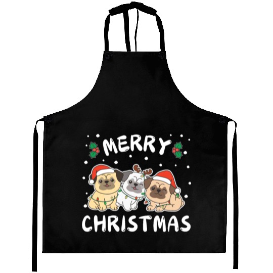 Merry Christmas Cute Pug Festive Lights Pug Aprons