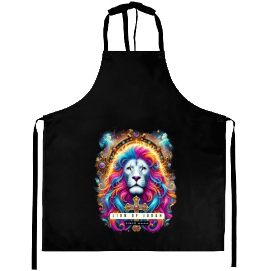 Vibrant Lion of Judah Art with Cross and Spiritual Aprons