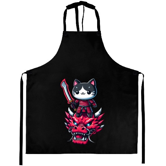 Samurai Cat with Sword on Dragon in Epic 3D Effect Aprons