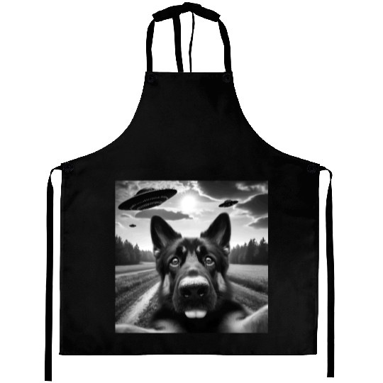 German2 Shepherd Funny GSP Selfie with UFOs Weird Aprons