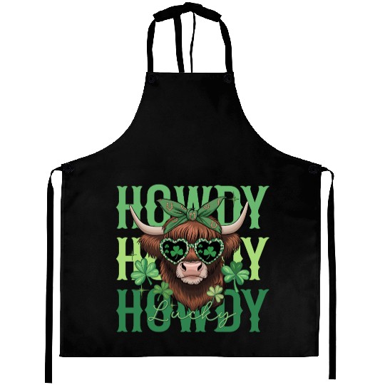 Howdy Howdy Lucky Highland Cow St Patricks Day Aprons